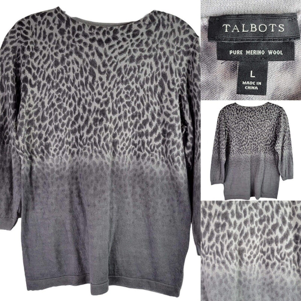 Talbots Women's M/L Gray Animal Print Merino Wool Long Sleeve Pullover Sweater